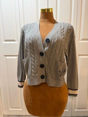 Tommy Hilfiger Gray Cable Knit Button Cardigan with Pocket Embroidery